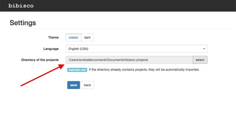 Settings page showing projects directory