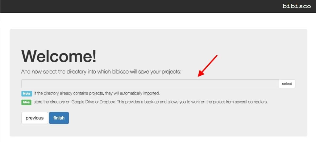 Welcome screen to select project directory
